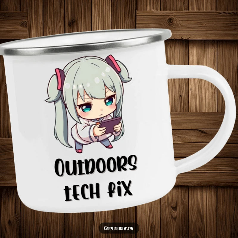 Funny Focused Gamer Camp Mug: A durable enamel mug with a character leaning forward, intensely focused on a handheld gaming device.