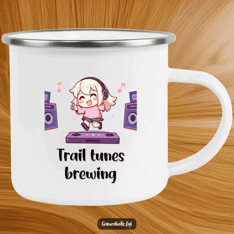 Funny Camping Mug: Character happily taps their foot to an energetic game beat, perfect for outdoor enthusiasts who love rhythm and gaming.
