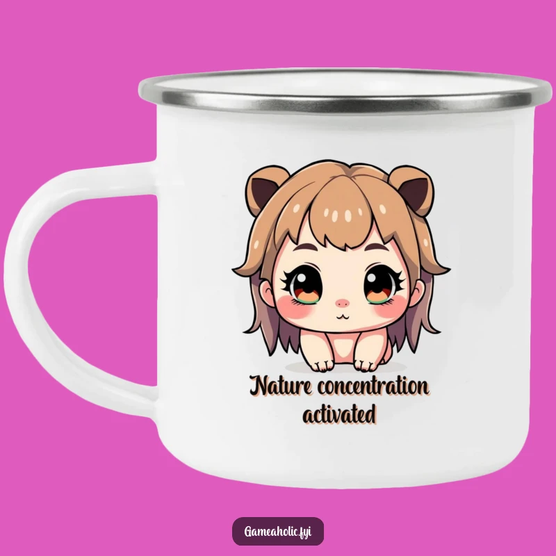 Funny Gamer Camping Mug: Cute Character Intense Focus, Sparkling Eyes, Adventure Ready