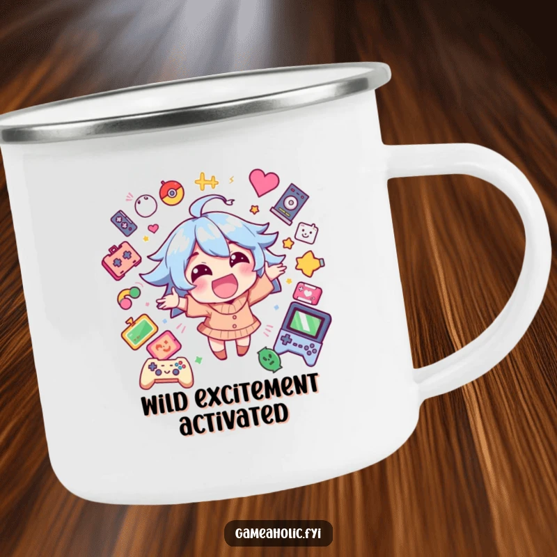 Funny camping mug with a happy character filled with excitement, surrounded by game icons, ready for outdoor fun.