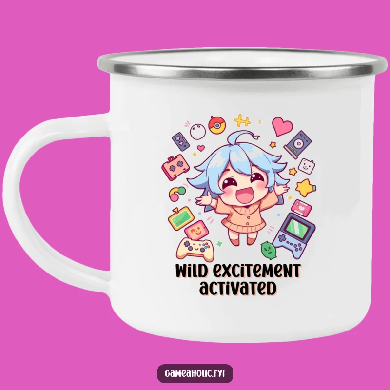 Funny Gamer Camping Mug: Happy Character Excitement, Game Icons, Adventure Joy