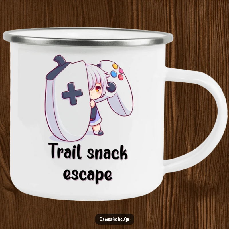 Funny camping mug with a character playfully hiding behind a giant game controller, perfect for enjoying drinks outdoors.