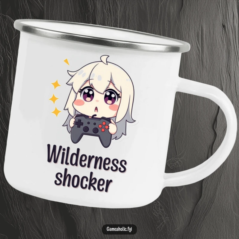 Funny camping mug featuring a character looking surprised, eyes wide, clutching a game controller.