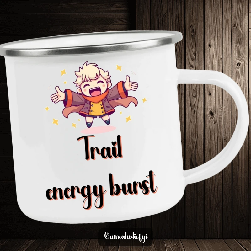 Funny camping mug with a character spinning joyfully with arms outstretched, perfect for outdoor enjoyment and play.