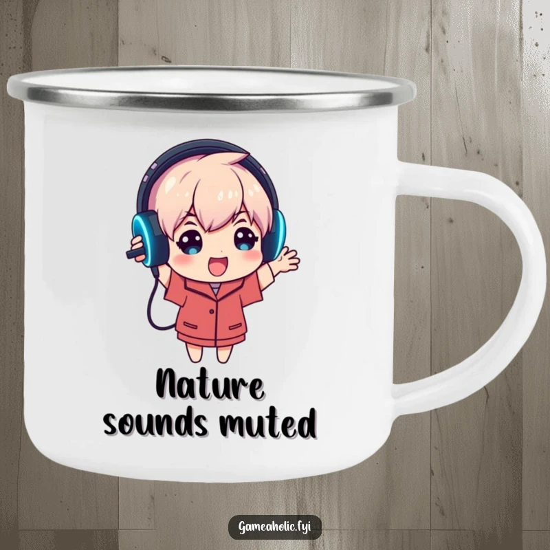 Funny camping mug shows an enthusiastic gamer character holding up a glowing gaming headset, perfect for immersed audio adventures.