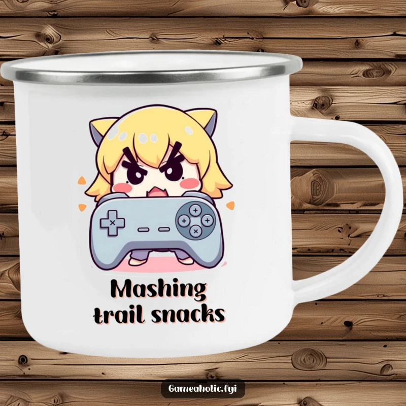 Funny camping mug showing a cute character with a determined expression frantically mashing buttons on a controller.