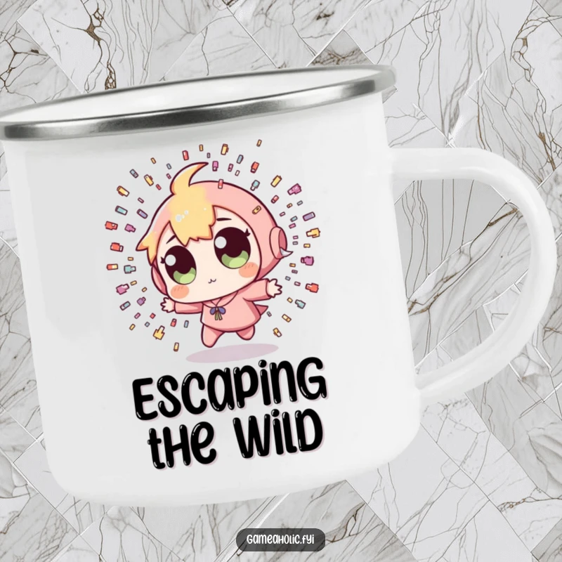 Funny Pixel Bullet Camping Mug: An enamel mug featuring a character with wide eyes dodging tiny pixelated bullets, ideal for outdoor gamers.