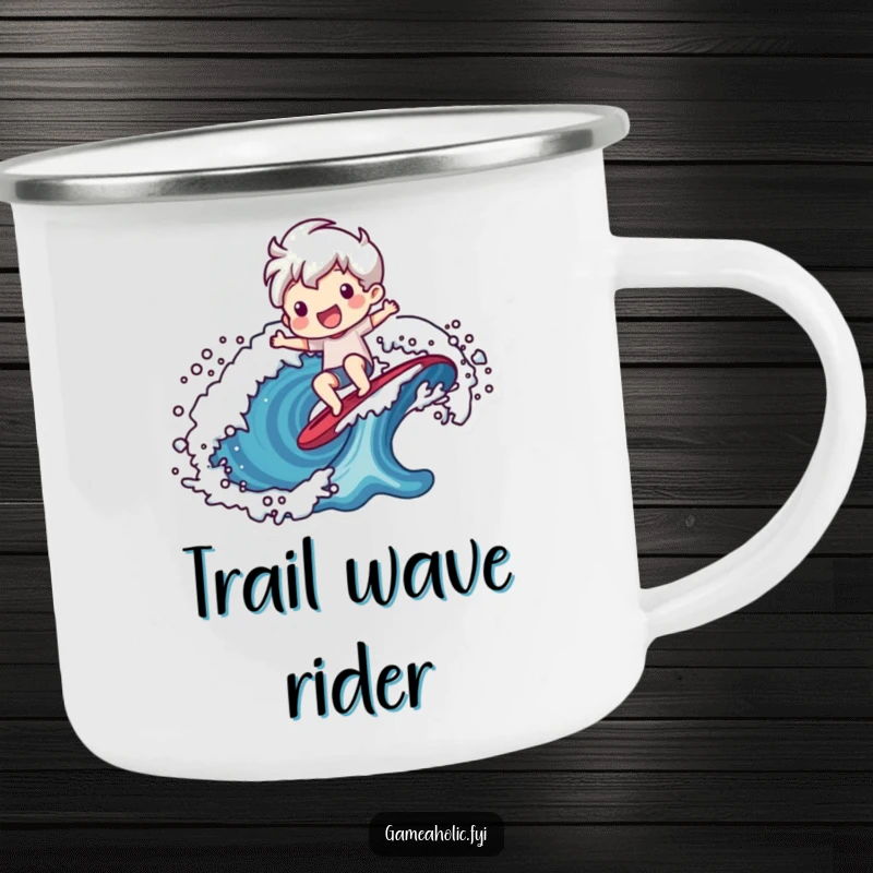 Funny camping mug featuring a cheerful character surfing a stylized pixelated wave, ready for outdoor fun.