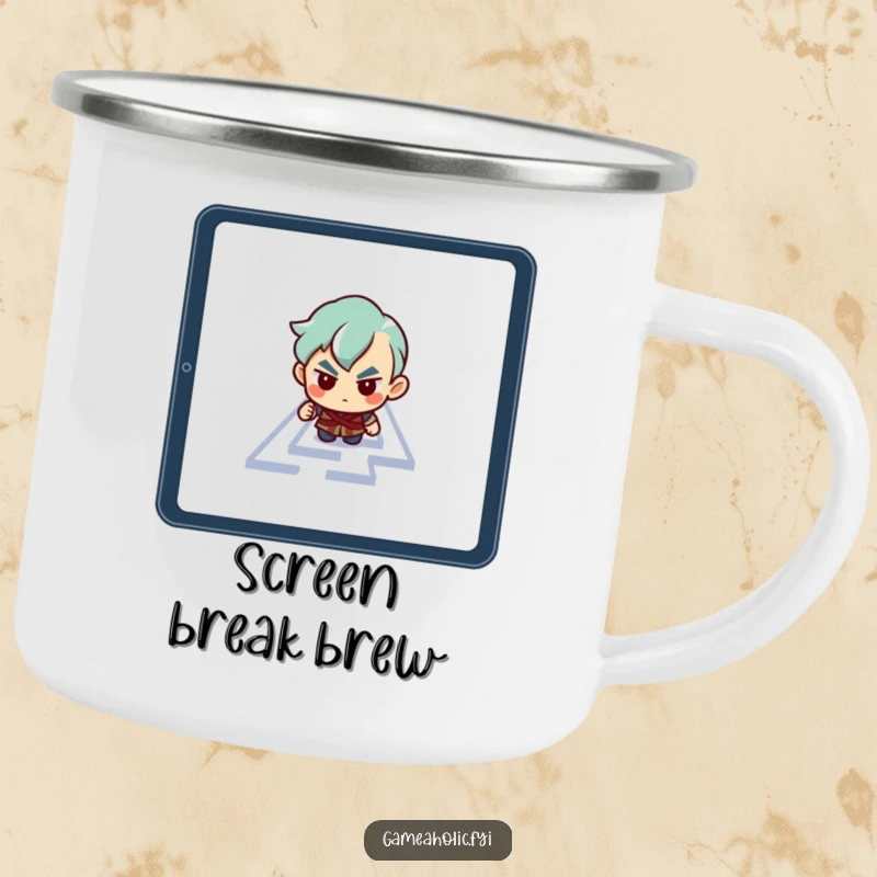 Funny camping mug showing a determined character navigating a maze on a tablet screen, ready for outdoor tech challenges.