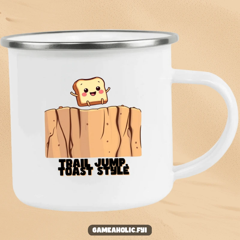 Funny camping mug of smiling toast with tiny legs leaping over a giant crumb cliff, perfect for adventurous mornings.
