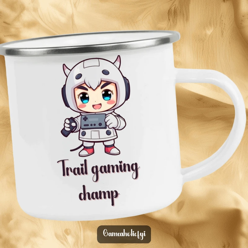 Funny camping mug featuring a proud character in a victorious pose, holding a game controller.