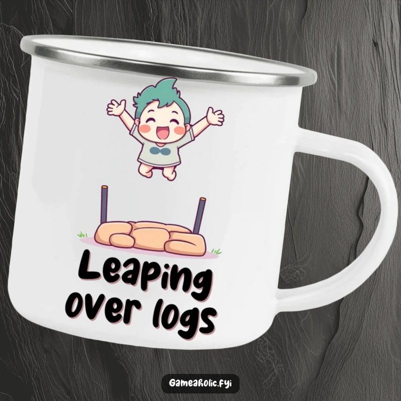 Funny camping mug showing a character excitedly leaping over a virtual obstacle with arms outstretched.