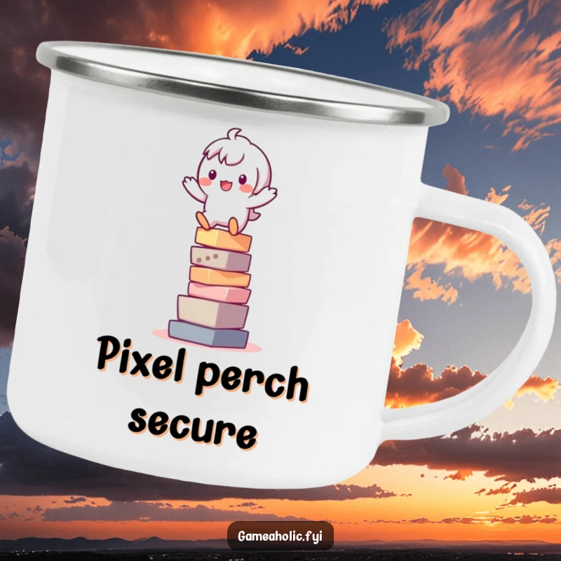Funny camping mug showing a playful character precariously balanced on a stack of pixels, perfect for outdoor tech enthusiasts.