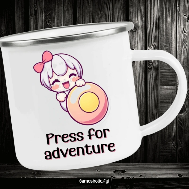 Funny camping mug showing a cute character eagerly pressing a giant, illuminated button, perfect for outdoor enthusiasts and gamers.