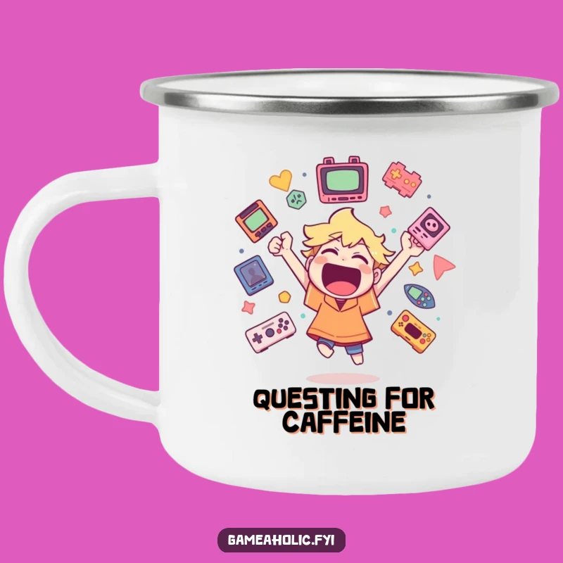 Funny Gamer Camping Mug: Cheerful Character with Icons, Durable and Humorous
