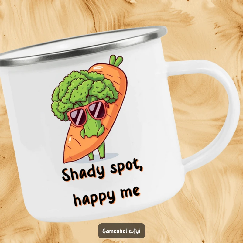 Funny camping mug with a shy broccoli stalk in sunglasses, peeking from behind a carrot, perfect for outdoorsy introverts.