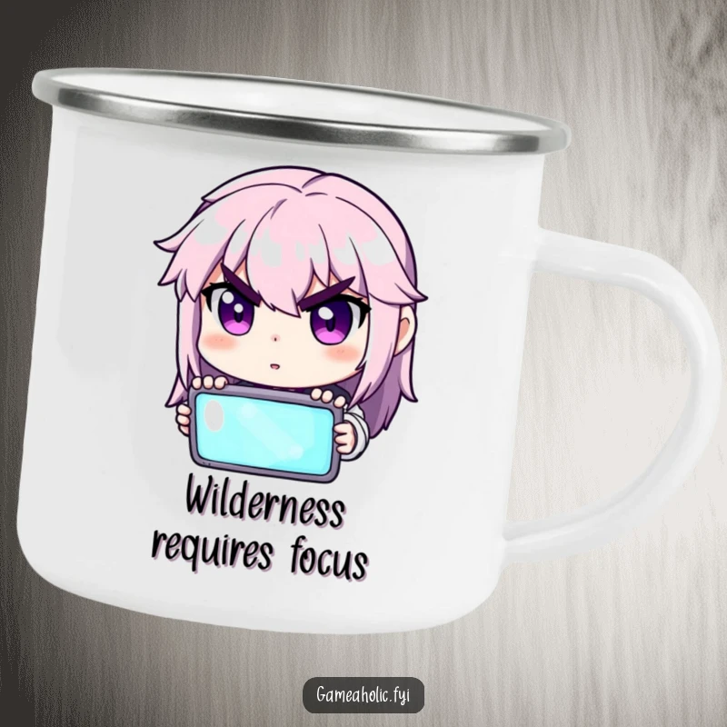 Funny camping mug showing a gamer character intensely focused on a glowing screen, for outdoor players.