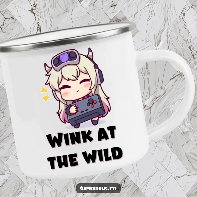 Funny camping mug showing a gamer character winking playfully while holding a joystick.