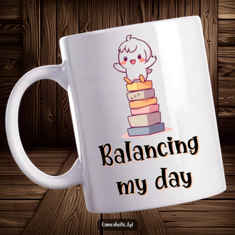 Funny mug of a playful character wobbling precariously atop a tall stack of colorful digital pixels, symbolizing digital challenges.