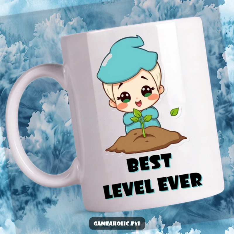 Funny mug showcasing a charming character with wide eyes and a huge smile, absolutely thrilled by a brightly glowing video game screen.