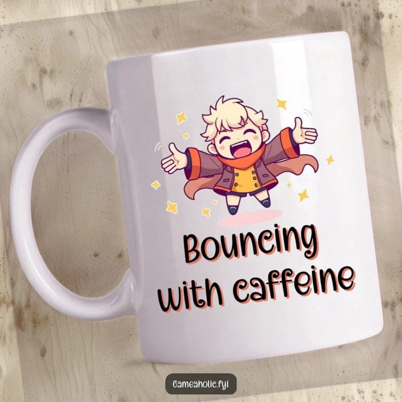 Funny mug showing a character spinning with arms outstretched, radiating pure, uncontainable gaming energy and joy.