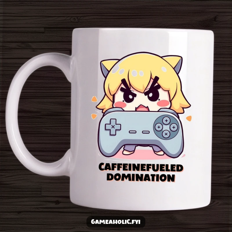 Funny mug of a cute character with a determined expression frantically mashing buttons on a video game controller.