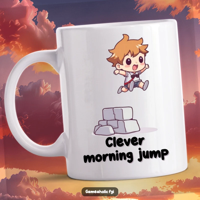 Funny mug showing a character leaping over a pixelated obstacle, symbolizing overcoming challenges and gaming success.