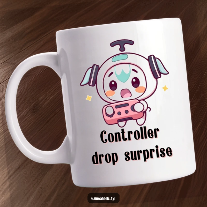 Funny mug showing a character with a surprised face, catching a flying game controller, highlighting a chaotic gaming moment.