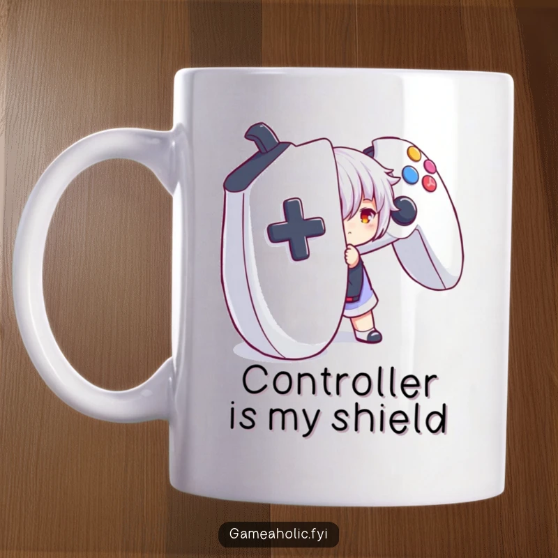 Funny mug featuring a character playfully hiding behind a giant game controller, embodying a love for gaming and personal space.