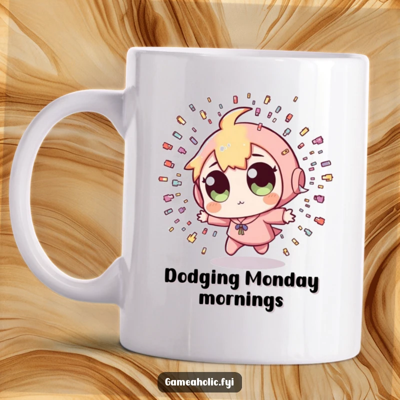 Funny Pixel Bullet Mug: A character with wide eyes frantically dodging a shower of tiny pixelated bullets, embodying intense gaming action and humor.