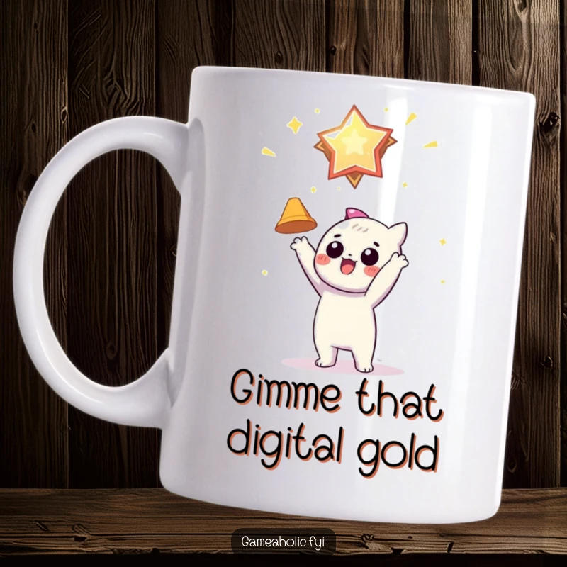 Funny mug showing a character eagerly reaching for a shiny, floating virtual award, embodying ambition and achievement.