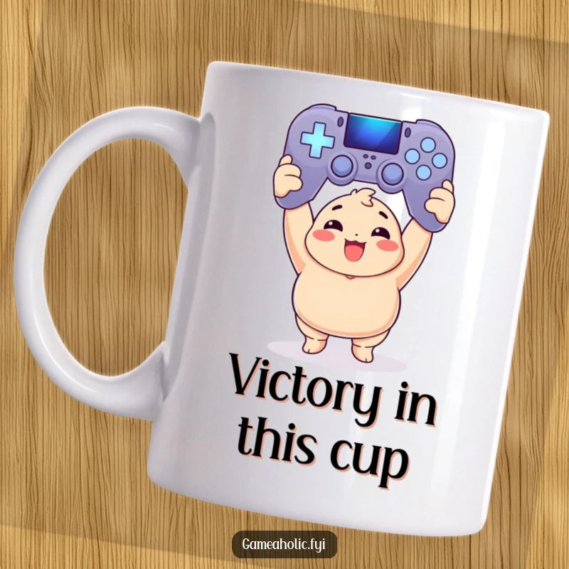 Funny Mug: Chubby gamer proudly holds a glowing, oversized video game controller, celebrating a huge win with a smile.