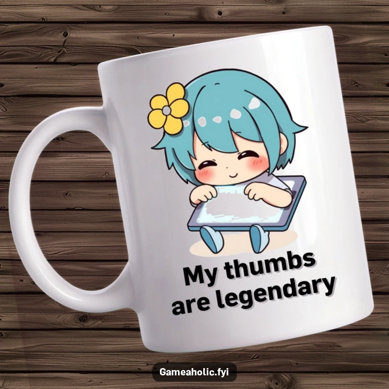 Funny Mug showing a person ecstatic while rapidly tapping on a bright, glowing tablet screen, perfect for tech lovers.