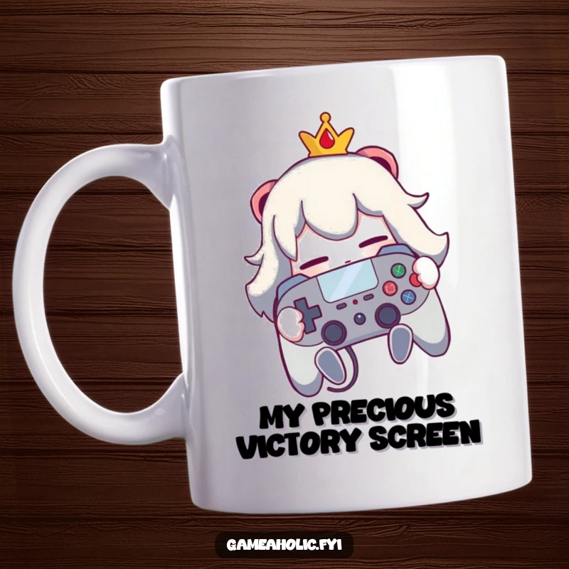 Funny mug showing a gamer character hugging their video game controller tightly, conveying pure love and dedication.
