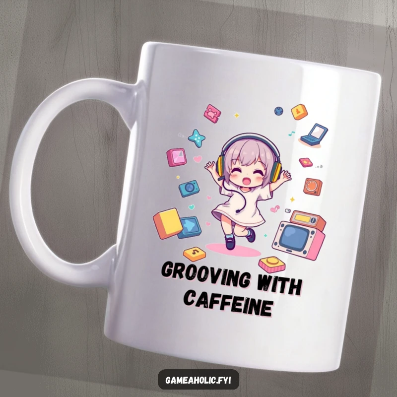 Funny Mug featuring a character joyfully dancing with headphones, surrounded by floating game icons, celebrating a love for music and gaming.