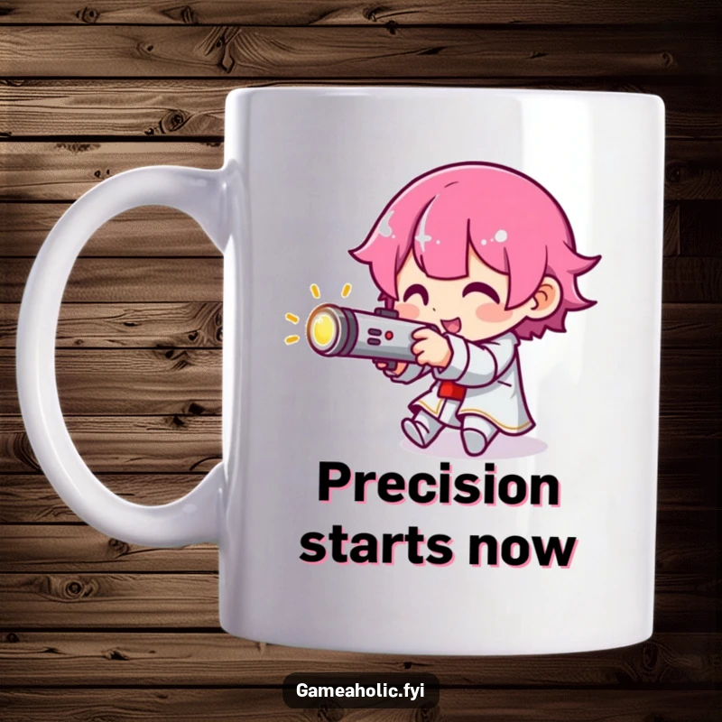 Funny mug showing a character aiming a small, glowing joystick with playful concentration, ready for action.