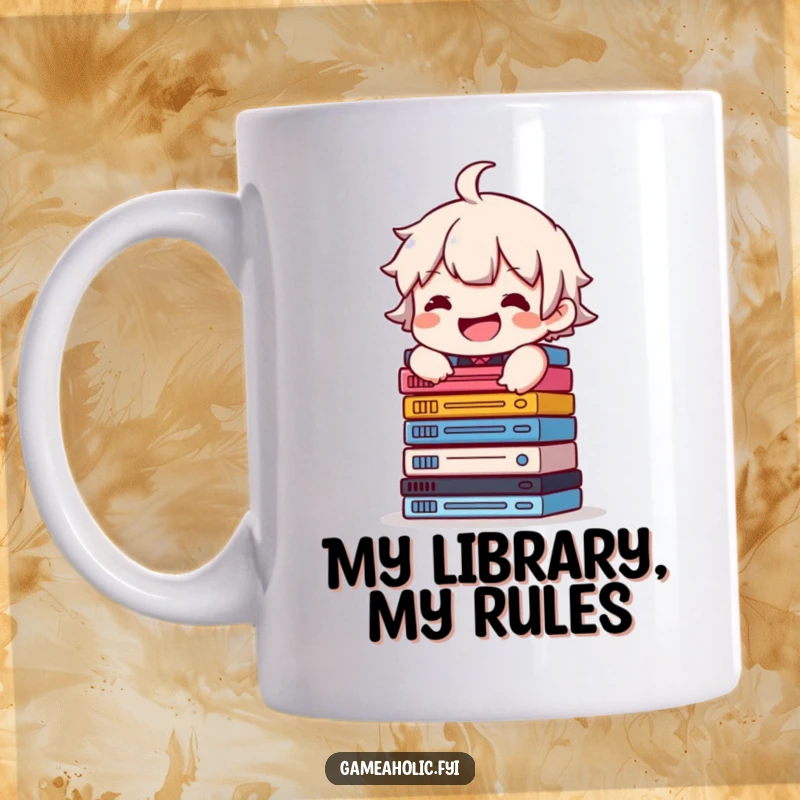 Funny mug featuring a character with a grin, expertly balancing a tall stack of video game cases, showing collector pride.