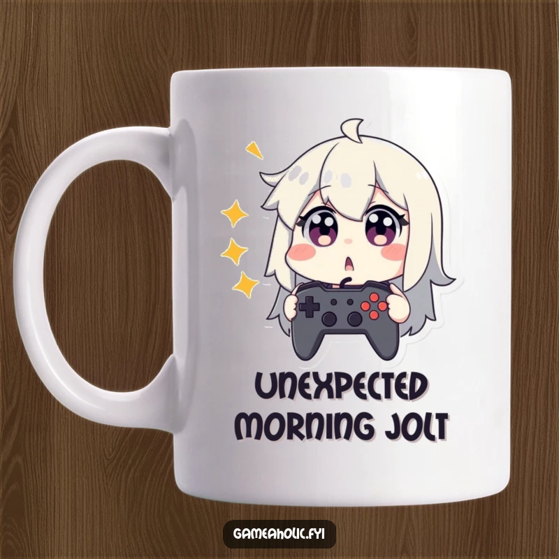 Funny mug showing a character looking utterly surprised with wide eyes, tightly clutching a game controller.
