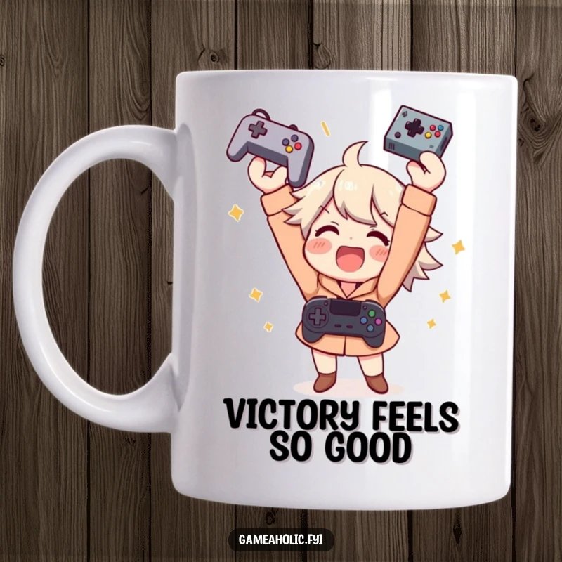 Funny mug depicts an ecstatic gamer character throwing a controller in the air with a wide smile, celebrating a major gaming victory.