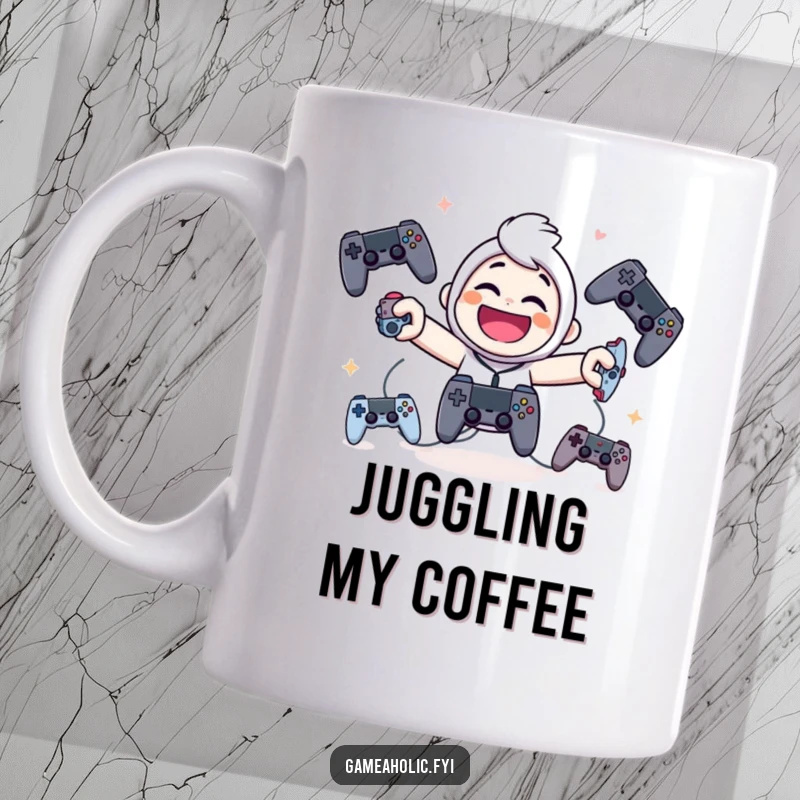 Funny mug of a giggling character with a wide smile, effortlessly juggling several video game controllers in the air.