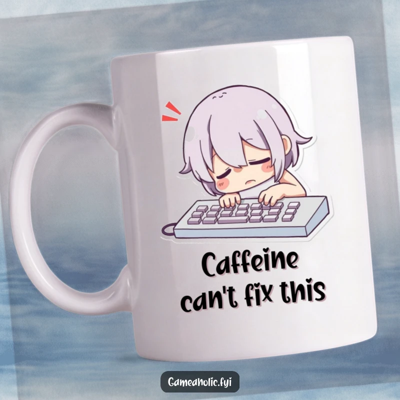 Funny Character Dramatically Slumping Over a Keyboard with a Comically Exaggerated Sigh Mug, a Relatable Work Gift.