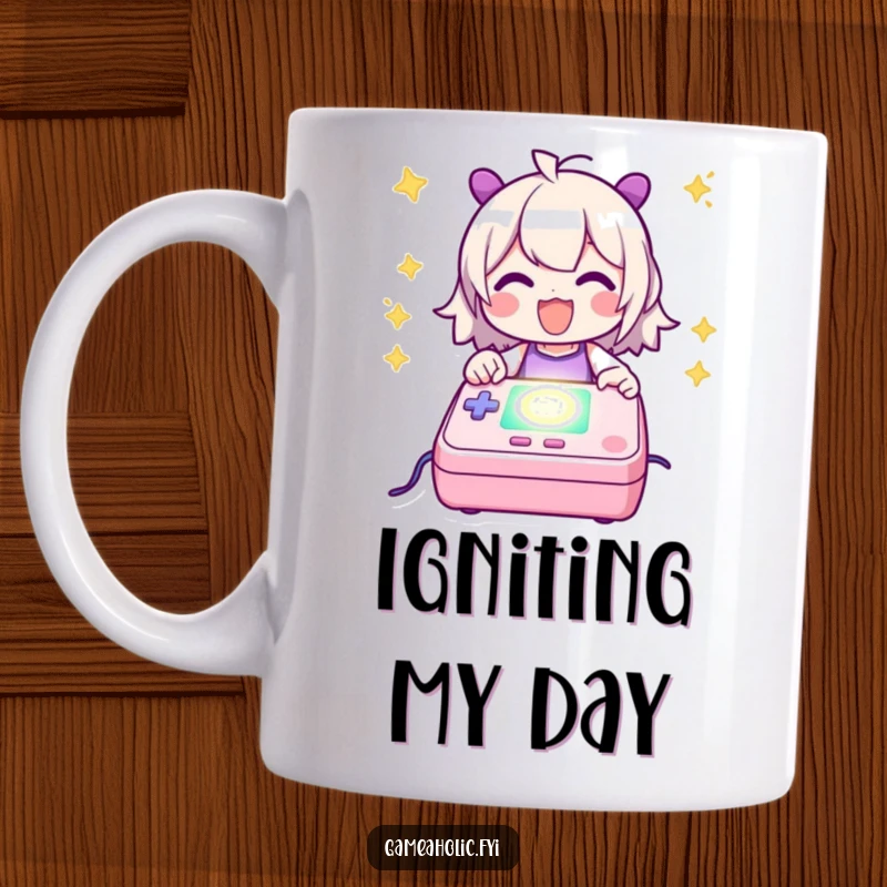 Funny Mug showing a character happily activating a glowing, stylized game console, symbolizing the joy of starting a gaming session.