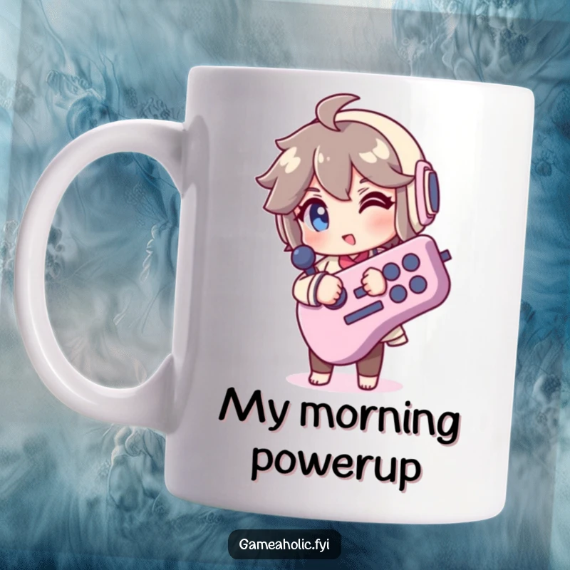 Funny Coffee Mug: A retro gamer winks playfully, holding a massive, vibrant joystick, celebrating the joy of gaming with a humorous touch.