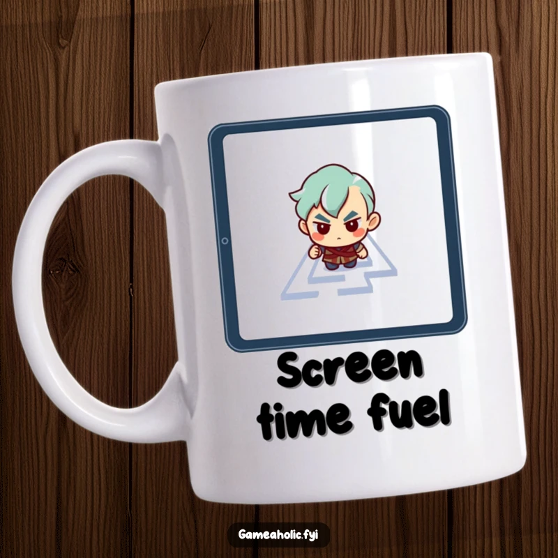 Funny mug showing a determined character intently navigating a maze on a glowing tablet screen, symbolizing digital focus.