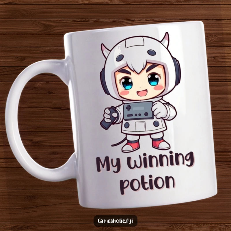 Funny mug depicting a proud character striking a triumphant pose, proudly holding a video game controller.
