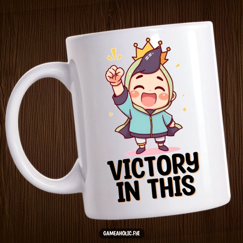 Funny mug featuring a character joyfully celebrating a win with a triumphant fist pump, embodying success and excitement.