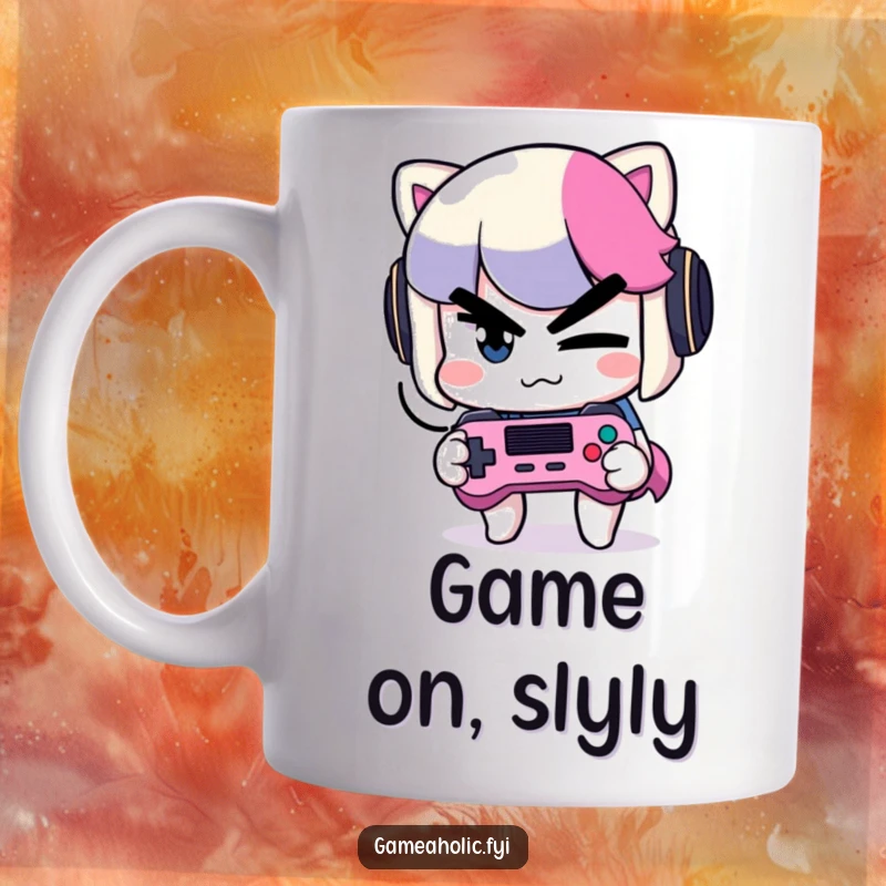 Funny Winking Gamer Mug: A mischievous character winking slyly while holding a video game controller, indicating playful intent.