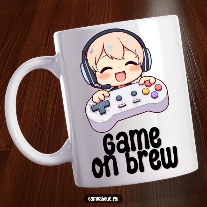Funny mug showing a character wearing headphones, gleefully mashing giant game controller buttons with intense focus.