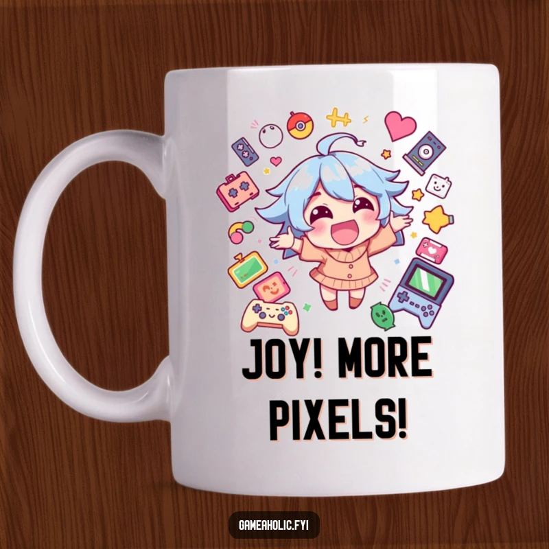 Funny mug showing a happy character overflowing with excitement, surrounded by vibrant video game icons, pure joy.