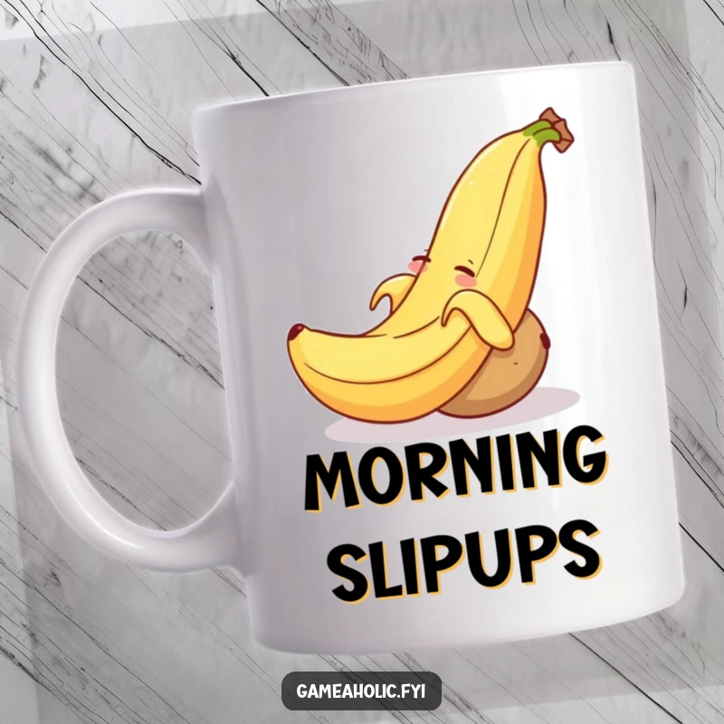 Funny mug depicting a smiling banana peel causing a sleepy potato to stumble and roll, capturing a moment of comical chaos.